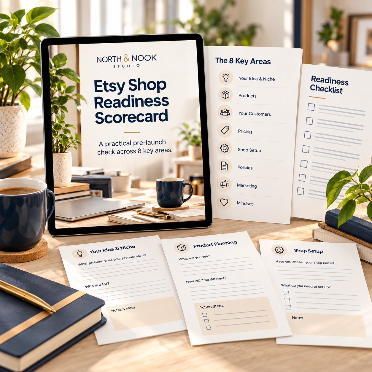 North & Nook Etsy Shop Readiness Scorecard shown as a digital resource with worksheet previews