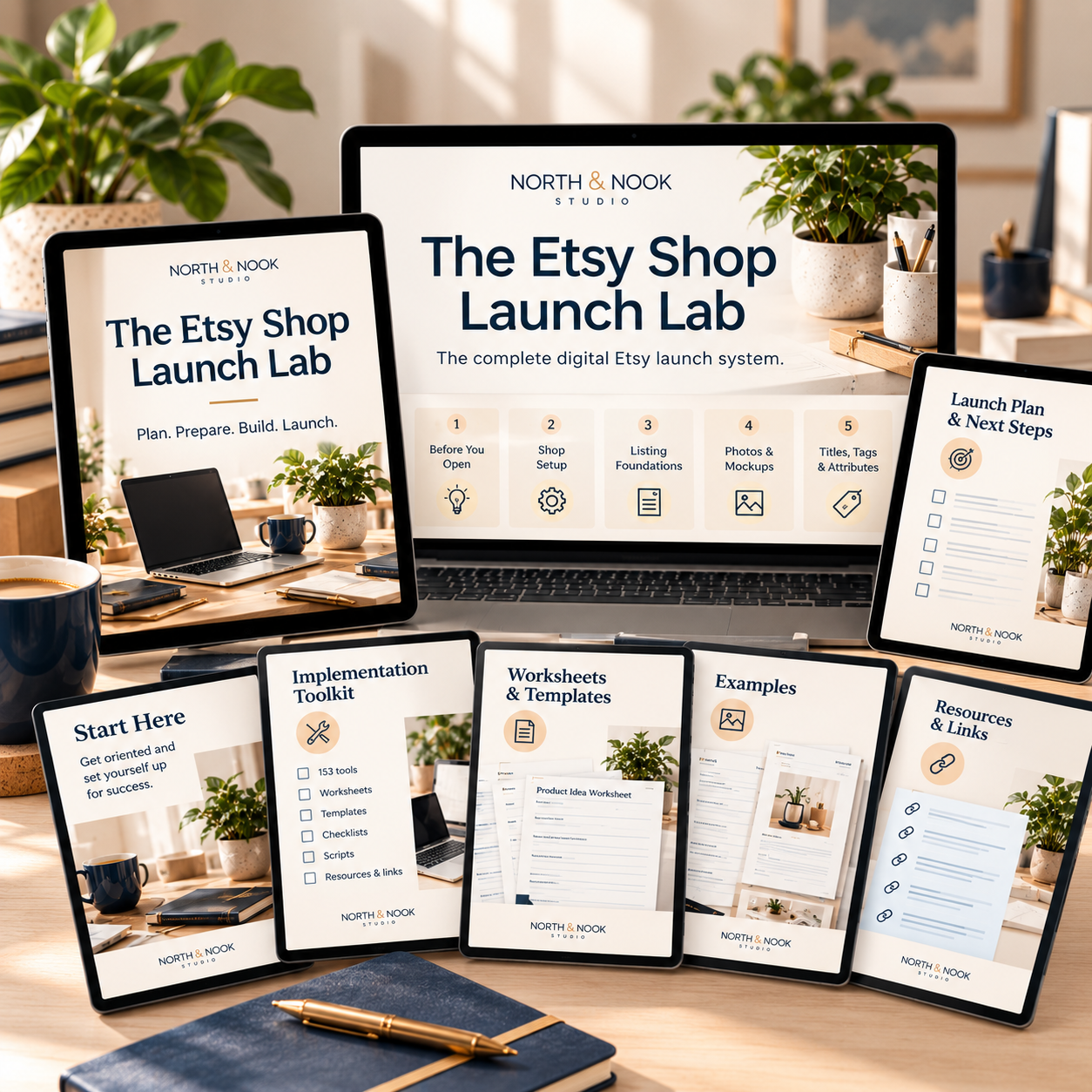 North & Nook Etsy Shop Launch Lab shown across digital devices with digital course resources