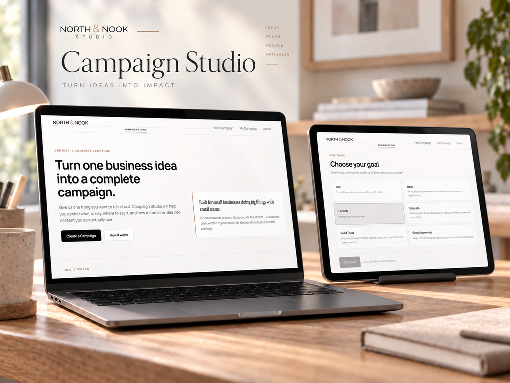 Apps fro business and everyday life. North & Nook Business App - Campaign Studio app displayed in a professional desktop workspace, showing tools for building and organizing complete marketing campaigns from one idea.
